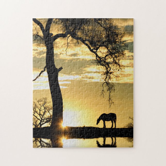 Pferd und Sonnenaufgang mit Baum Schöne Puzzle (Vertikal)