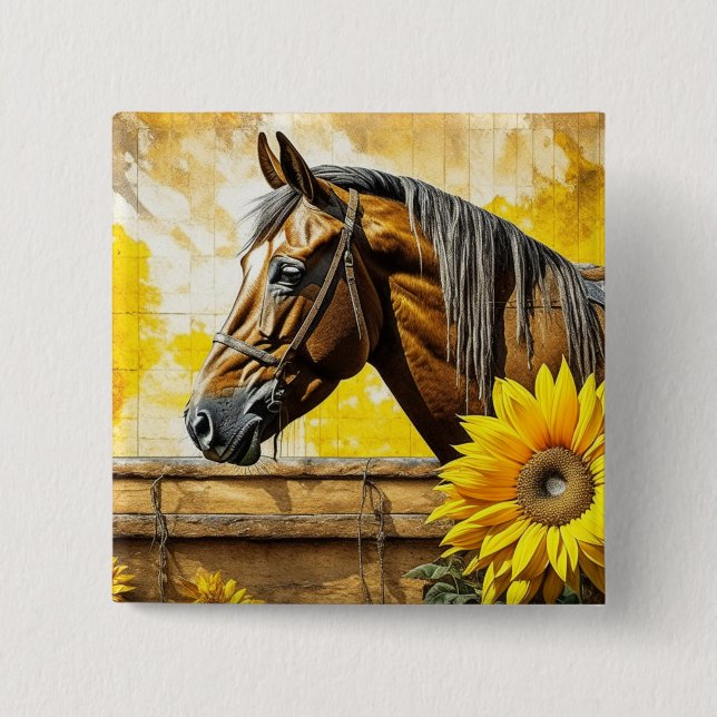 Pferd und Sonnenblume schöne AI-Kunst  Button (Vorderseite)