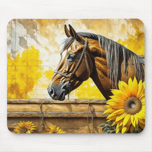 Pferd und Sonnenblumen Schöne künstlerische Kunst Mousepad (Vorne)