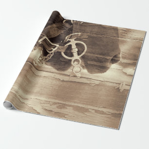 Pferd Vintage Western Sepia Rustikale Holzdecoupag Geschenkpapier