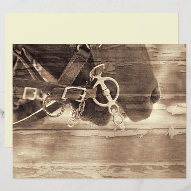 Pferd Vintager Western Sepia Rustikale Holzdekoupa (Vorne/Hinten)