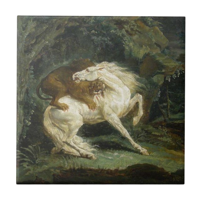 Pferd von einem Löwen angegriffen (von Théodore Gé Fliese (Vorderseite)
