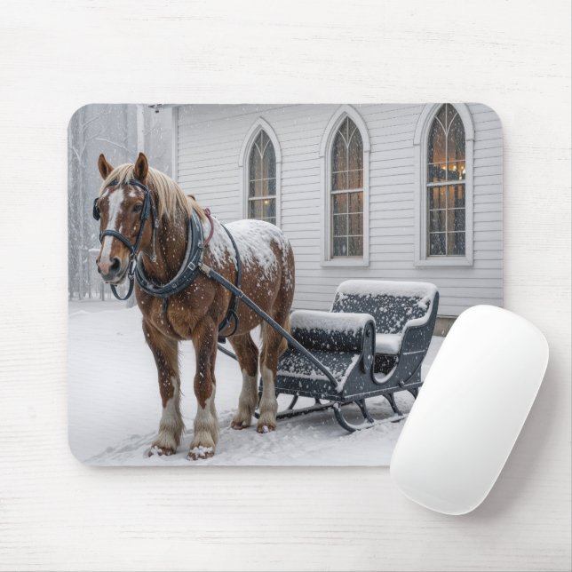 Pferd vor einem Schlitten gespannt neben einer Kir Mousepad (Mit Mouse)
