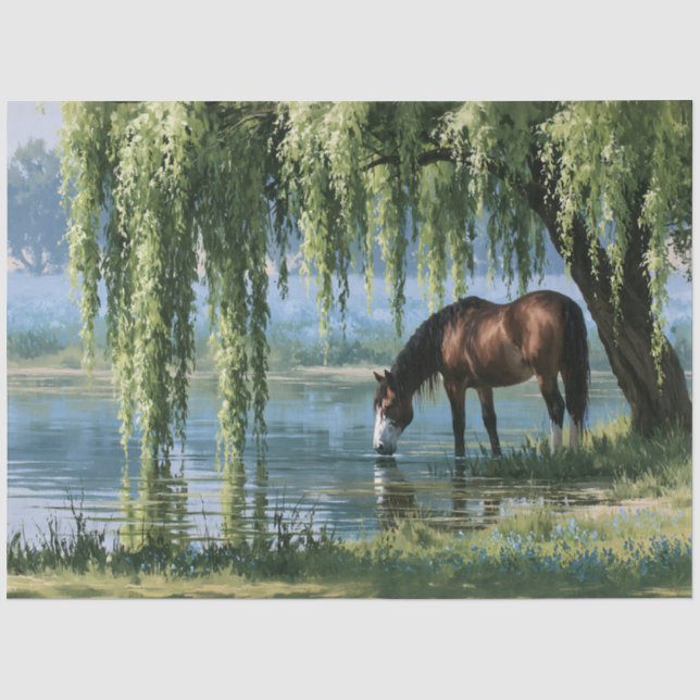 Pferd Weidenbaum Teich Landschaft Seidenpapier (Vorderseite)