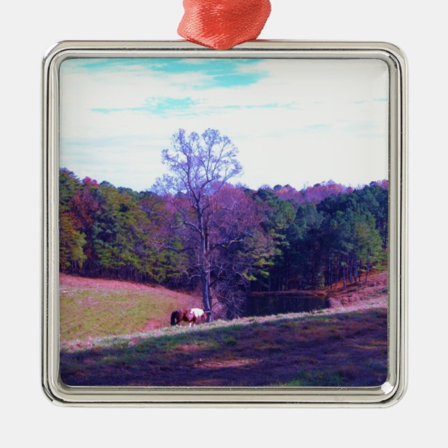 Pferd weit weg in einem Lila Feld Ornament Aus Metall (Vorne)