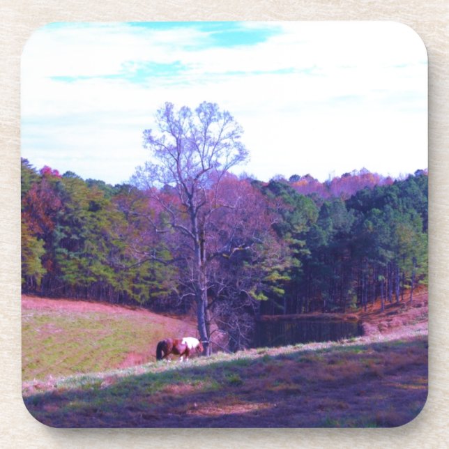 Pferd weit weg in einem Lila Feld Untersetzer (Vorderseite)