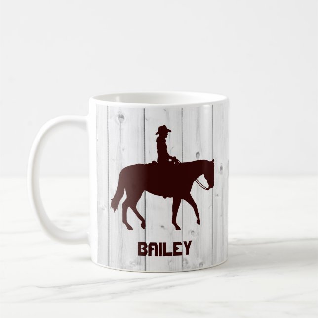 Pferd Western Horseback Woman Holz Personalisiert Kaffeetasse (Links)