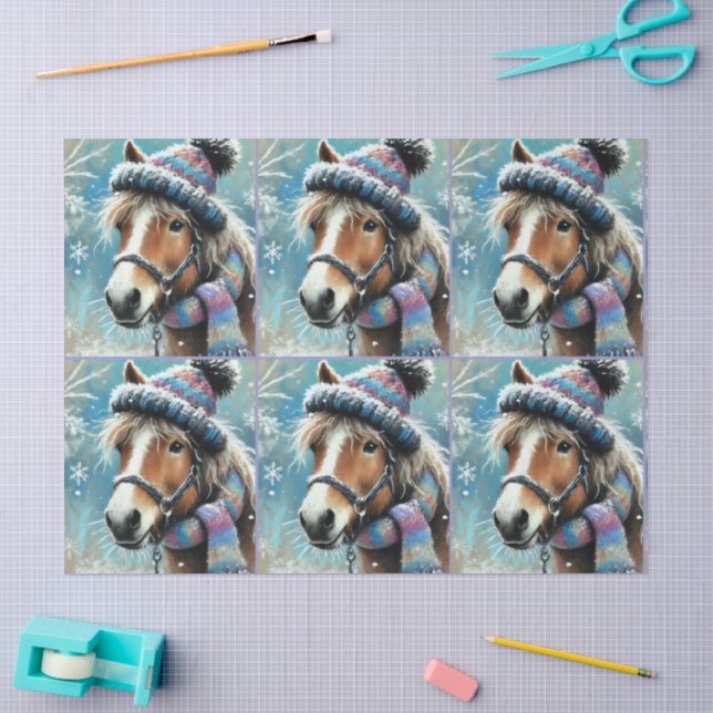 Pferd Winter Hat Scarf Chalk-Pastel Decoupage Seidenpapier (Basteln)