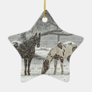 Pferd Winter Schnee Bauernhof Ranch Tiere schneebe Keramik Ornament