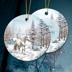 Pferd Winter Szene Schneewald Weihnachten Keramik Ornament