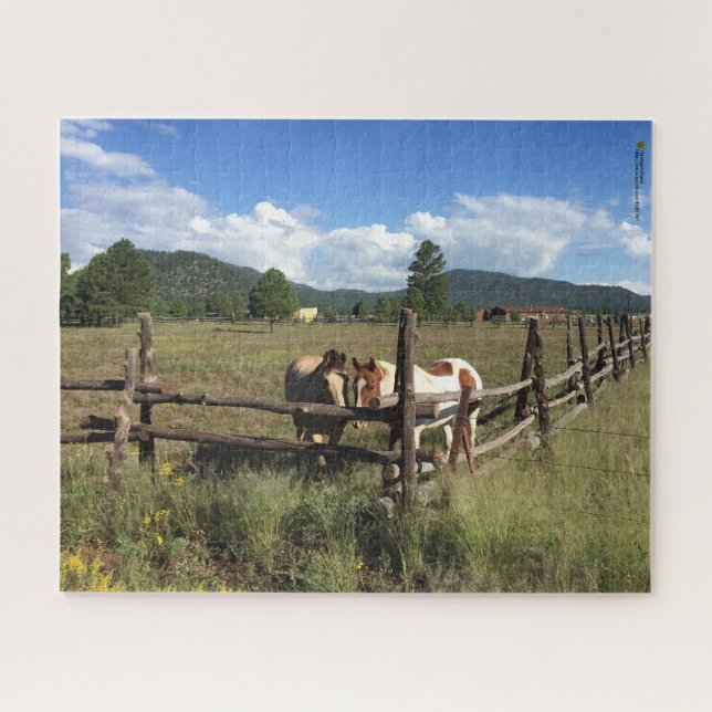 Pferde an der rustikalen Holzzaun-Fotografie Puzzle (Horizontal)