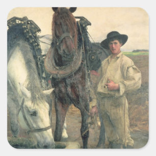 Pferde an der Wasser-Abflussrinne, 1884 (Öl auf Quadratischer Aufkleber