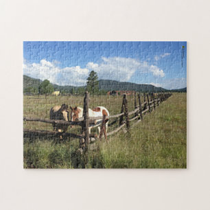 Pferde an rustikaler Holzlattenzaun-Fotografie Puzzle
