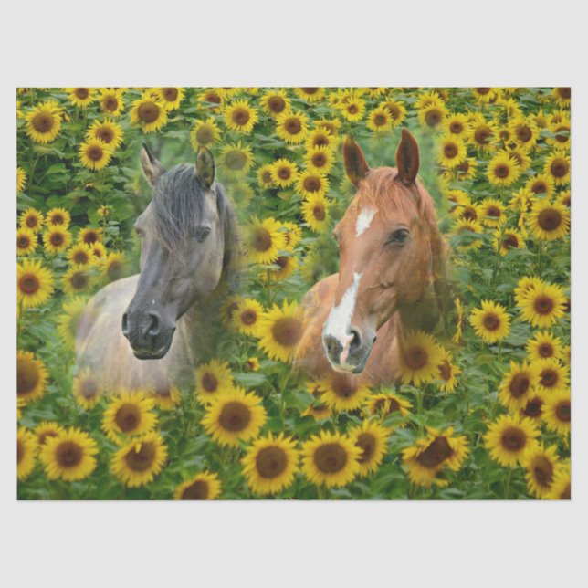 Pferde auf dem Sonnenblumenfeld Seidenpapier (Vorderseite)