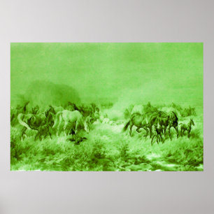 PFERDE AUF DER WEIDE Antikes Hellgrün Poster