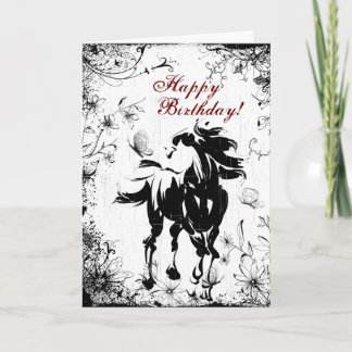 Pferde, Blume und Schmetterlinge - Happy Birthday Karte