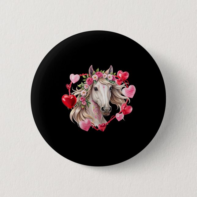 Pferde Blumen Herzen Frohen Valentinstag Reitsport Button (Vorderseite)