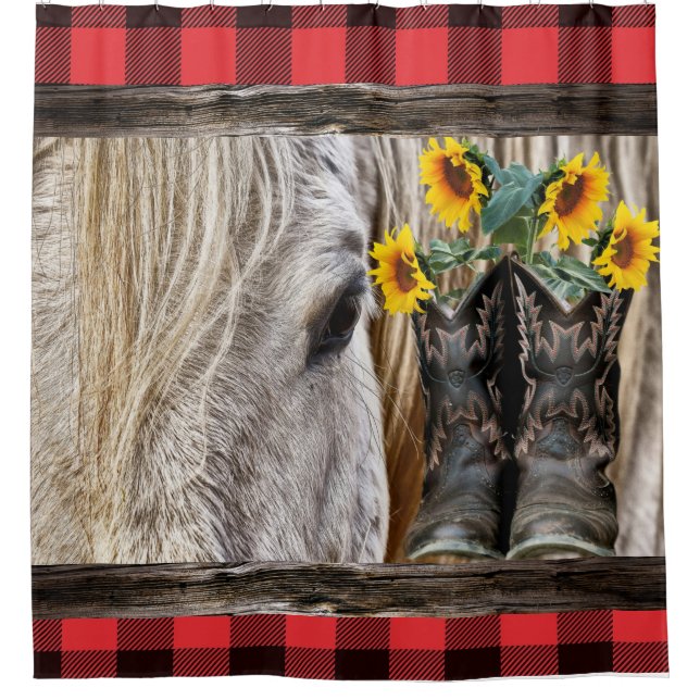 Pferde Cowboy Boots Barn Board Kariert Duschvorhang (Vorderseite)