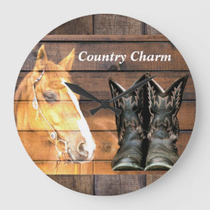 Pferde Cowboy Boots Rustic Barn Board Große Wanduhr