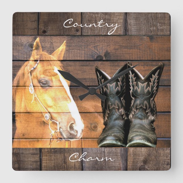 Pferde Cowboy Boots Rustic Barn Board Quadratische Wanduhr (Vorderseite)