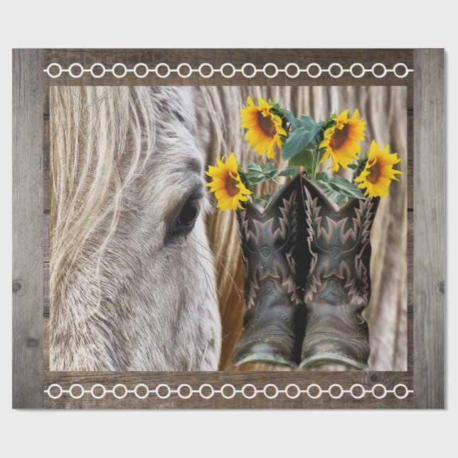 Pferde Cowboy Boots Sonnenblumen Barn Board Geschenkpapier (Flach)