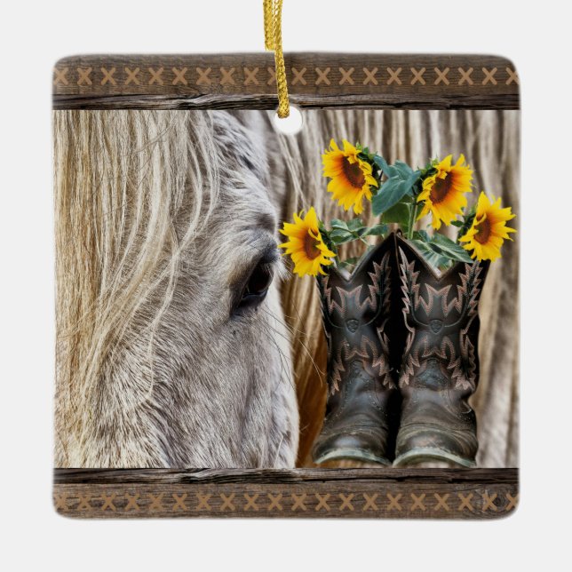Pferde Cowboy Boots Sonnenblumen Barn Board Keramikornament (Vorderseite)