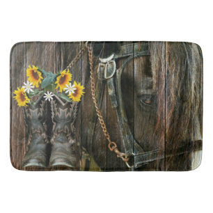Pferde Cowboy Boots Sunflowers Rustic Barn Board Badematte