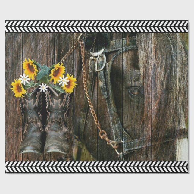 Pferde Cowboy Boots Sunflowers Rustic Barn Board Geschenkpapier (Flach)