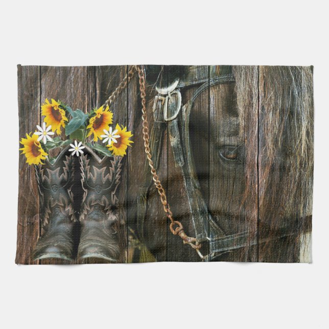 Pferde Cowboy Boots Sunflowers Rustic Barn Board Geschirrtuch (Horizontal)