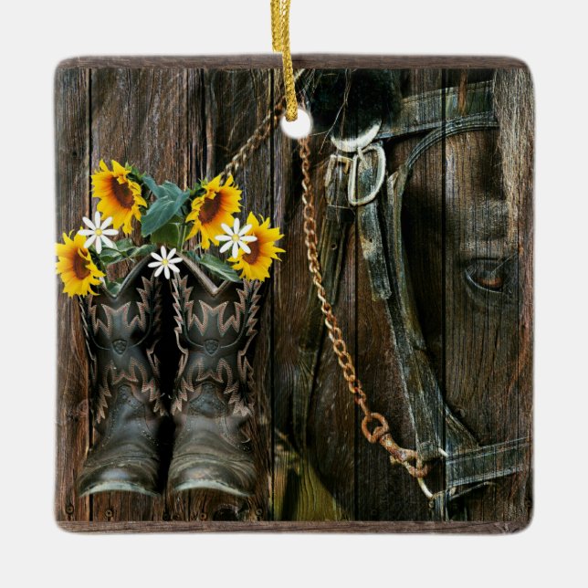 Pferde Cowboy Boots Sunflowers Rustic Barn Board Keramikornament (Vorderseite)