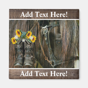 Pferde Cowboy Boots Sunflowers Rustic Barn Board Magnet