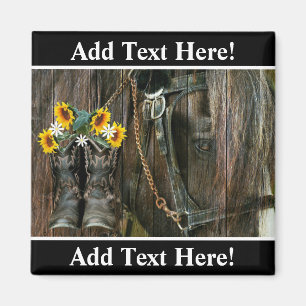 Pferde Cowboy Boots Sunflowers Rustic Barn Board Magnet