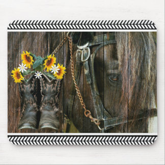 Pferde Cowboy Boots Sunflowers Rustic Barn Board Mousepad