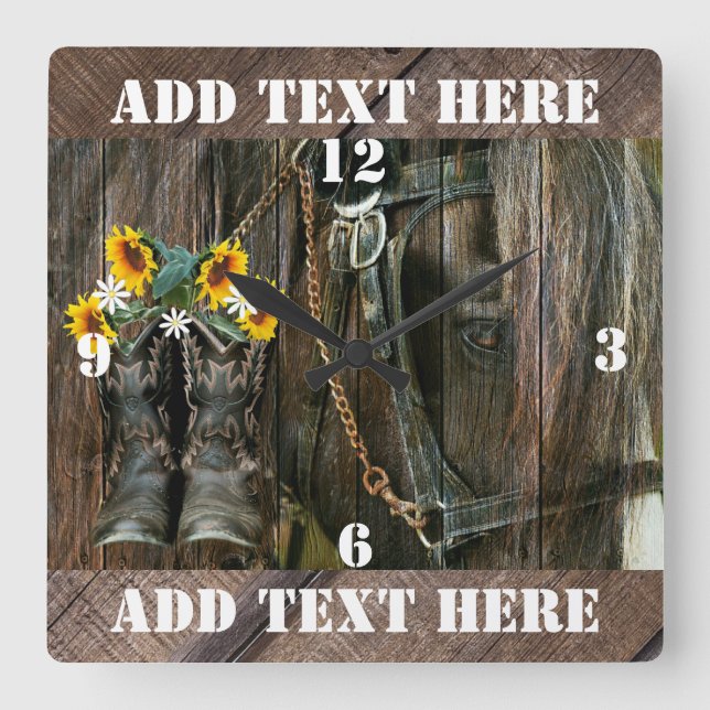Pferde Cowboy Boots Sunflowers Rustic Barn Board Quadratische Wanduhr (Vorderseite)