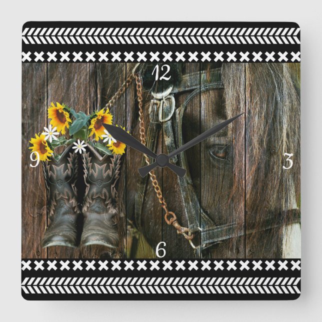 Pferde Cowboy Boots Sunflowers Rustic Barn Board Quadratische Wanduhr (Vorderseite)