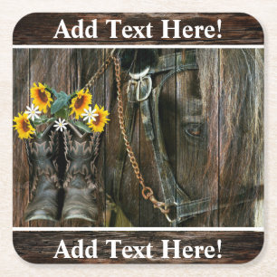 Pferde Cowboy Boots Sunflowers Rustic Barn Board Rechteckiger Pappuntersetzer