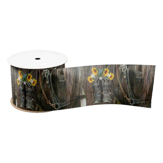 Pferde Cowboy Boots Sunflowers Rustic Barn Board Satinband (Spule)