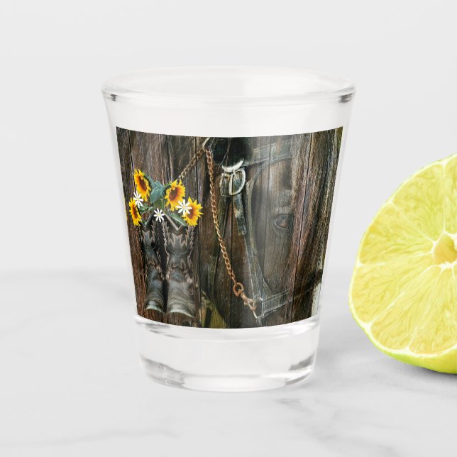 Pferde Cowboy Boots Sunflowers Rustic Barn Board Schnapsglas (Vorderseite)