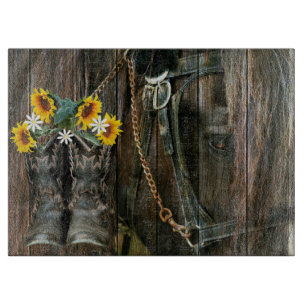 Pferde Cowboy Boots Sunflowers Rustic Barn Board Schneidebrett