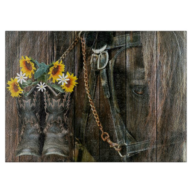 Pferde Cowboy Boots Sunflowers Rustic Barn Board Schneidebrett (Vorderseite)