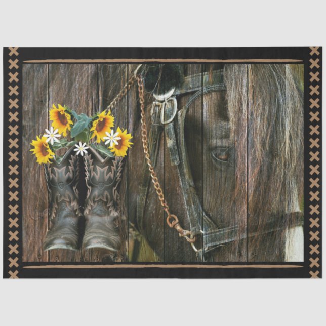 Pferde Cowboy Boots Sunflowers Rustic Barn Board Seidenpapier (Vorderseite)