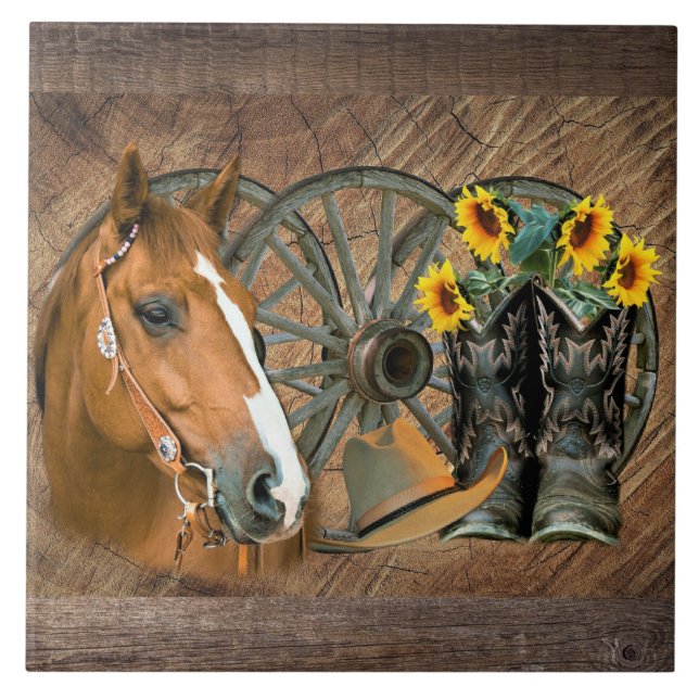 Pferde Cowboy Boots Wagon Wheel Sonnenblumen Weste Fliese (Vorderseite)