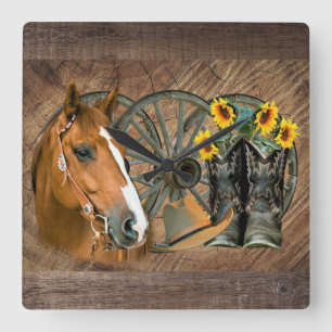 Pferde Cowboy Boots Wagon Wheel Sonnenblumen Weste Quadratische Wanduhr