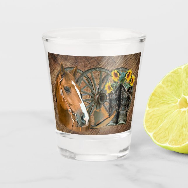 Pferde Cowboy Boots Wagon Wheel Sonnenblumen Weste Schnapsglas (Vorderseite)
