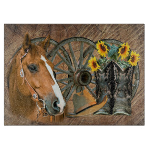 Pferde Cowboy Boots Wagon Wheel Sonnenblumen Weste Schneidebrett