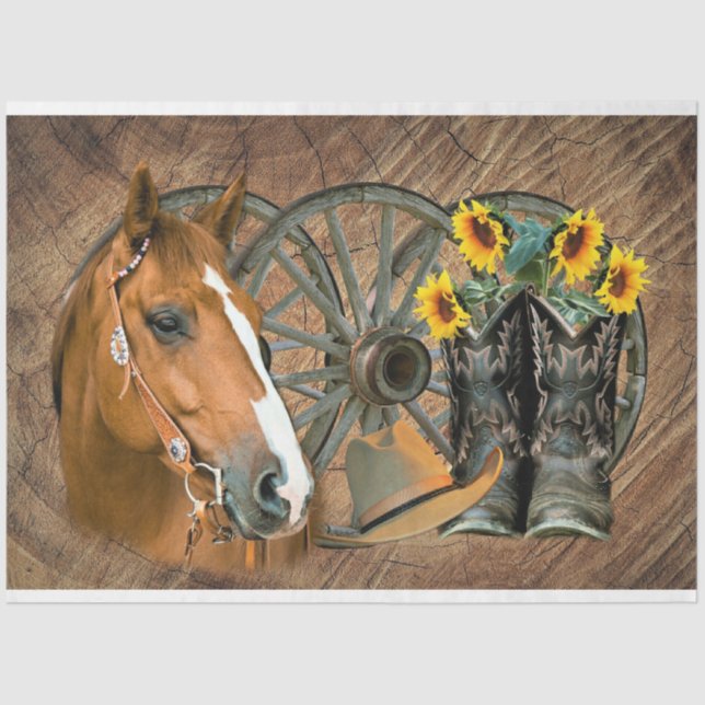 Pferde Cowboy Boots Wagon Wheel Sonnenblumen Weste Seidenpapier (Vorderseite)