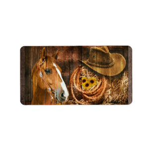 Pferde Cowboy Hat Lasso Sonnenblume Rustikales Bar Adressaufkleber