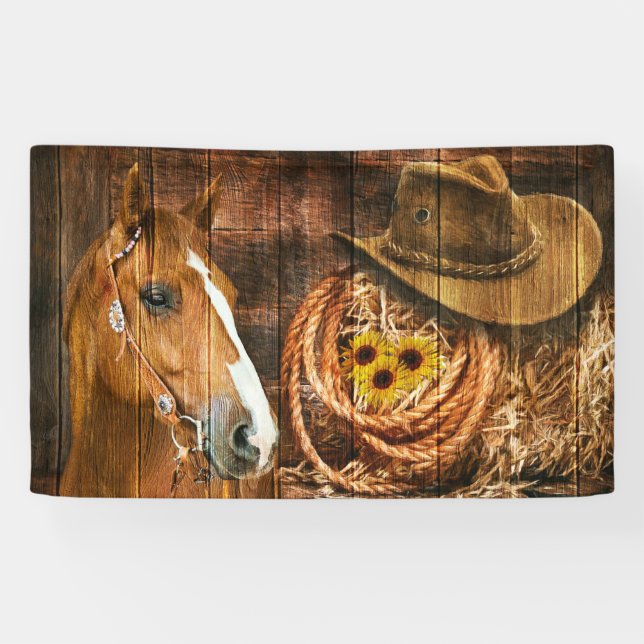 Pferde Cowboy Hat Lasso Sonnenblume Rustikales Bar Banner (Horizontal)