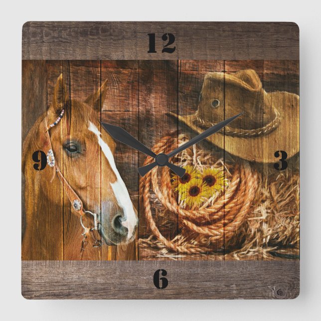 Pferde Cowboy Hat Lasso Sonnenblume Rustikales Bar Quadratische Wanduhr (Vorderseite)