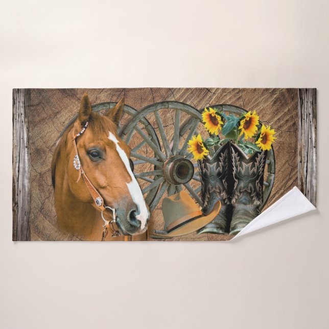 Pferde Cowboy Hat Western Wagon Wheels Sonnenblume Badhandtuch Set (Badehandtuch)